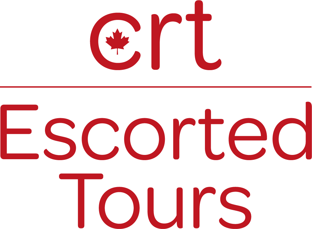 Logo with red text 'crt' above a horizontal line and 'Escorted Tours' below, featuring a red maple leaf inside the letter 'c'.