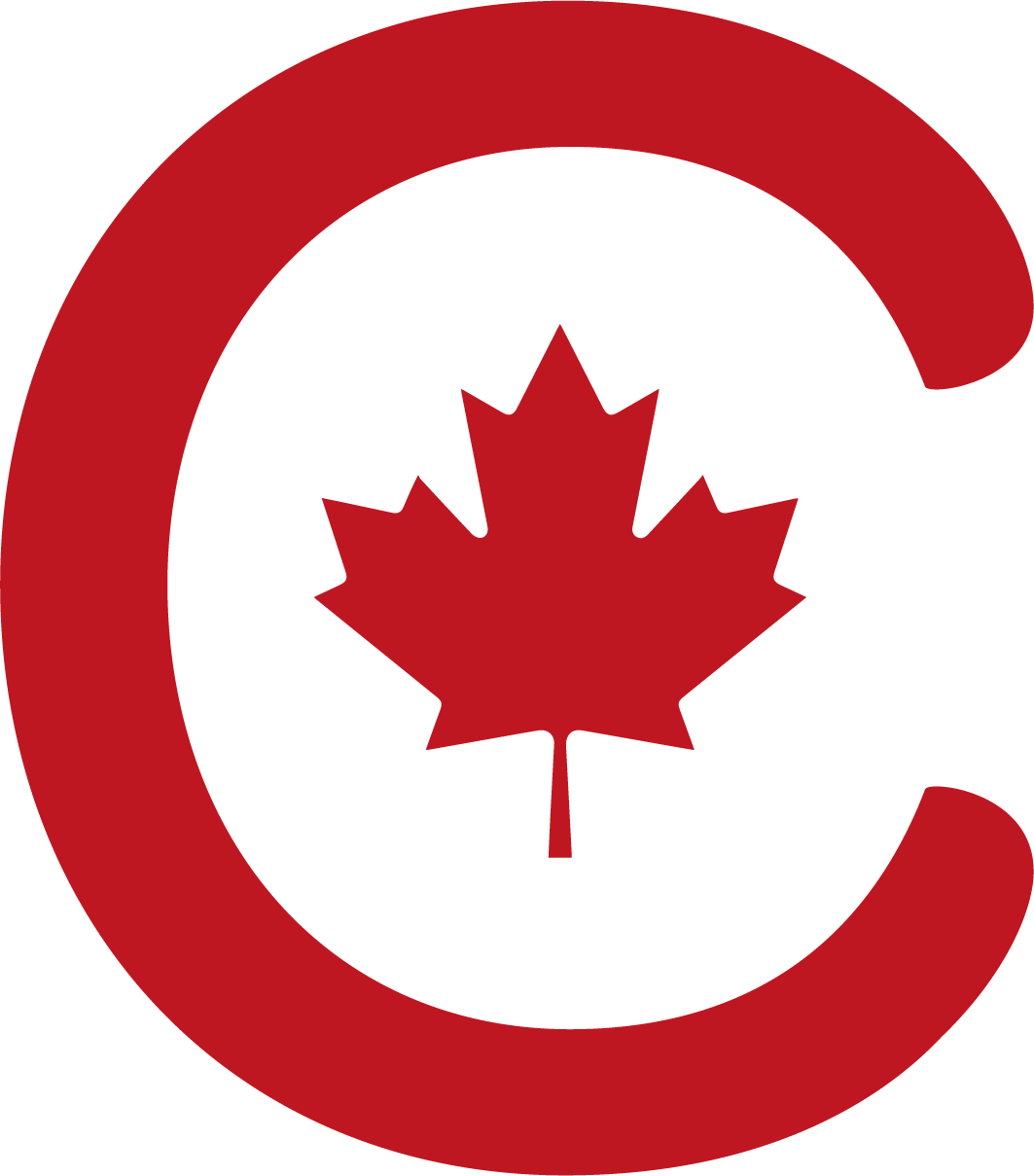 Foglia d'acero rossa all'interno di una grande lettera C rossa su sfondo bianco.